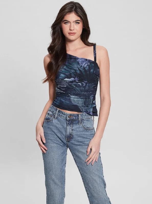Fashion Must-have Tropical Print Shirred Mesh Dinah Top