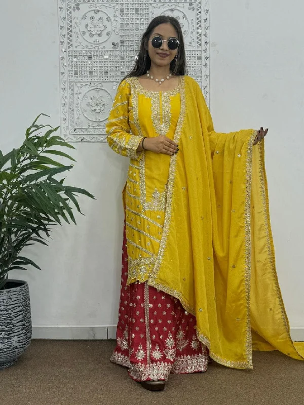 High-end Design Yellow Sequence work Top with Red Sequence Work Plazzo Suit