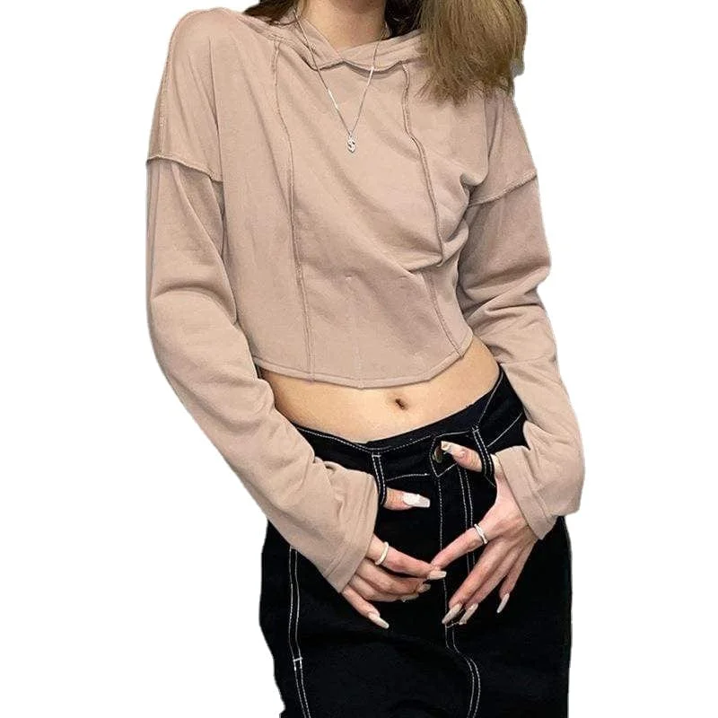 French Style Women's Grunge Solid Color Zipper Short Hoodies