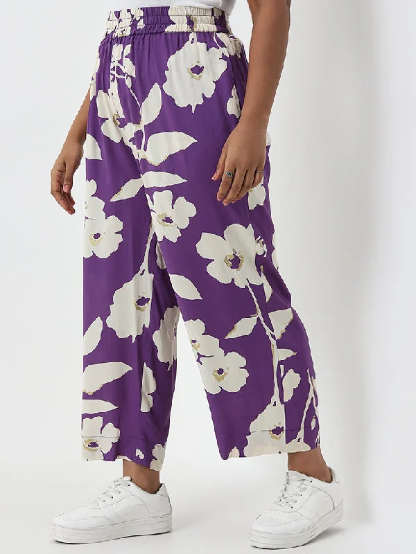 Spring Fashion Diza Purple Floral Design Mid-Rise Cotton Ethnic Pants