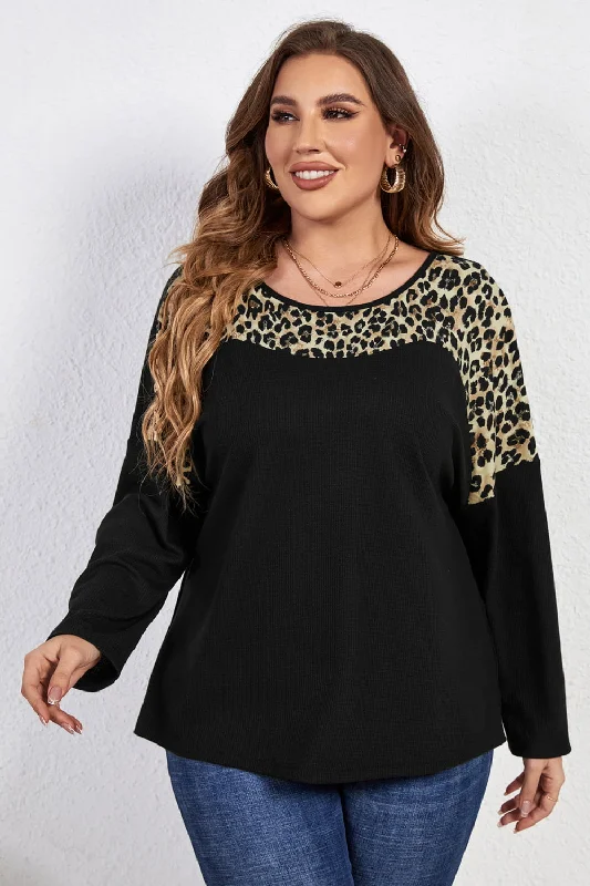 Carefree Plus Size Leopard Trim Round Neck Long Sleeve Tee
