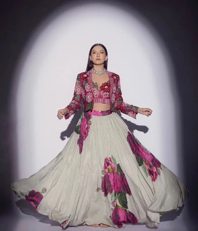 Comfortable And Casual Stylish Designer Heavy Embroidered Georgette Jacket with Lehenga Set Comfortable And Casual Stylish Designer Heavy Embroidered Georgette Jacket with Lehenga Set