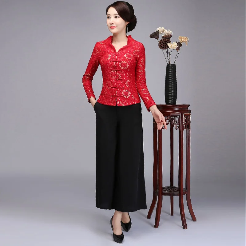 Elegant Temperament V Neck Lace Cheongsam Top with Long Pantskirt