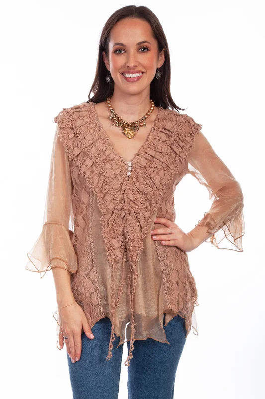 Simple Matching Scully Womens Natural Cotton Blend Double Ruffle S/S Blouse M