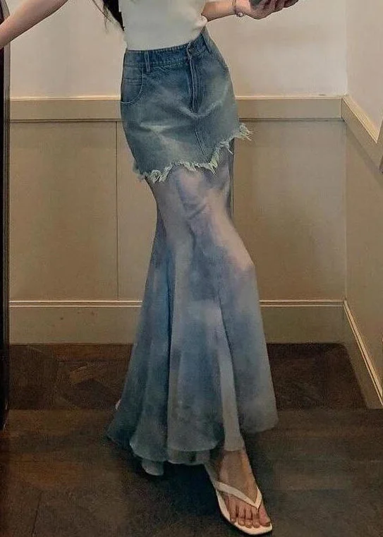 Street Charm Slim Fit Blue High Waist Patchwork Denim Maxi Skirts Spring