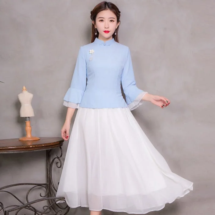 Advanced Customization Mandarin Sleeve Cheongsam Top Chiffon Chinese Style Women's Suit Advanced Customization Mandarin Sleeve Cheongsam Top Chiffon Chinese Style Women's Suit