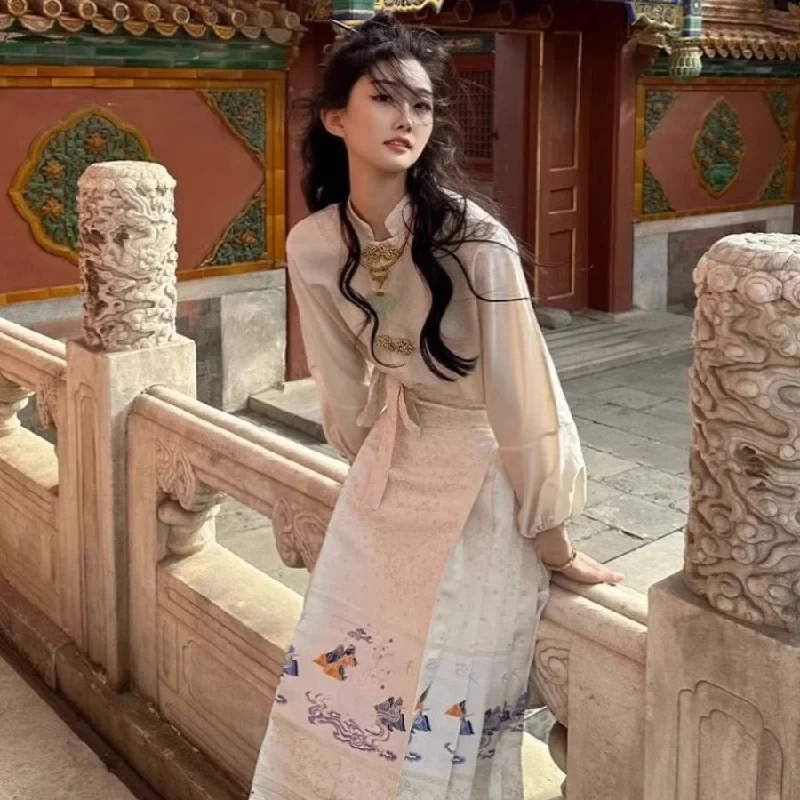 Retro Fashion Traditional Chinese Hanfu Shirt and Horse-Face Skirt 2-Piece Set Full Length Dress Retro Fashion Traditional Chinese Hanfu Shirt and Horse-Face Skirt 2-Piece Set Full Length Dress