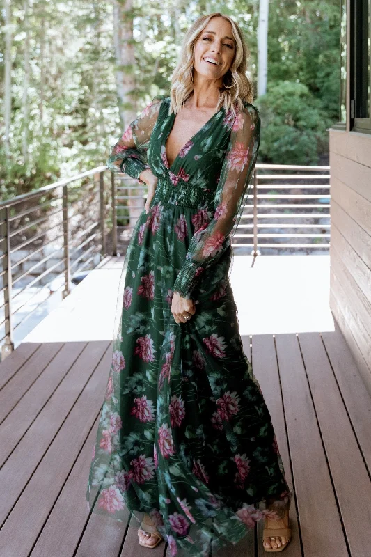 Body Design Layla Tulle Maxi Dress | Green + Pink Floral