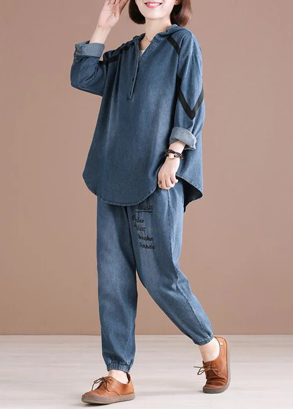 Free And Casual Chic Denim Blue Embroideried Hooded Top And Pants Two Pieces Set Fall Free And Casual Chic Denim Blue Embroideried Hooded Top And Pants Two Pieces Set Fall