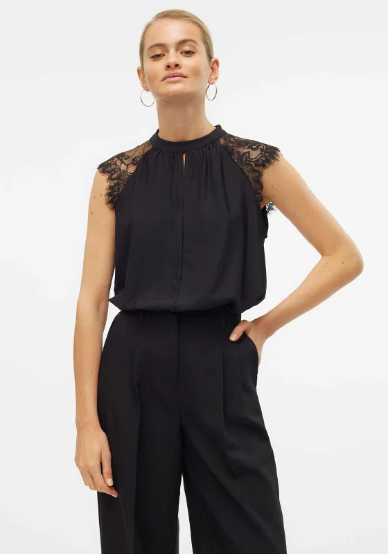 Avant-garde Design Vero Moda Milla High Neck Lace Sleeve Top, Black