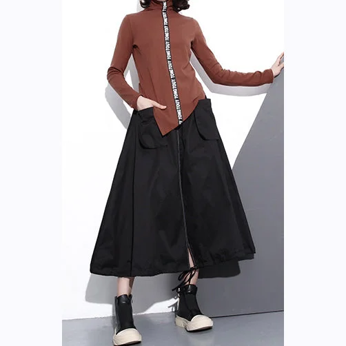 Simple Style vintage black cotton oversize A line skirts fine pockets drawstring skir
