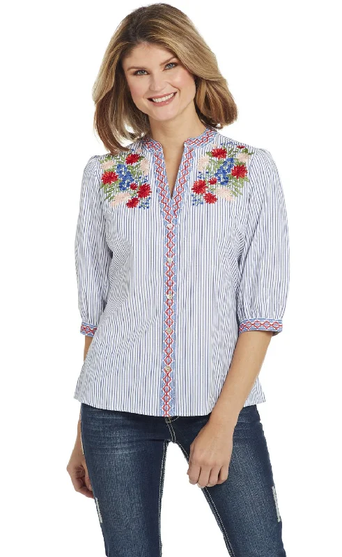 Lively And Youthful Cowgirl Up Womens White/Blue Cotton Blend Floral Blouson Blouse S/S Lively And Youthful Cowgirl Up Womens White/Blue Cotton Blend Floral Blouson Blouse S/S