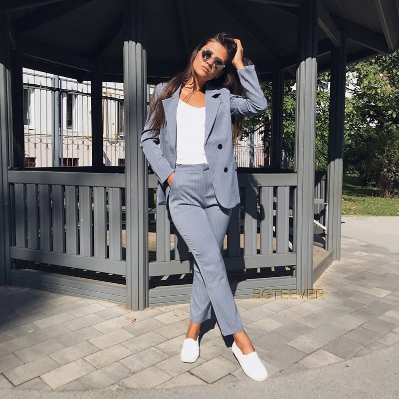 Short Design Work Pant Suits OL 2 Piece Sets Double Breasted Striped Blazer Jacket & Zipper Trousers Suit For Women Set Feminino Spring Short Design Work Pant Suits OL 2 Piece Sets Double Breasted Striped Blazer Jacket & Zipper Trousers Suit For Women Set Feminino Spring