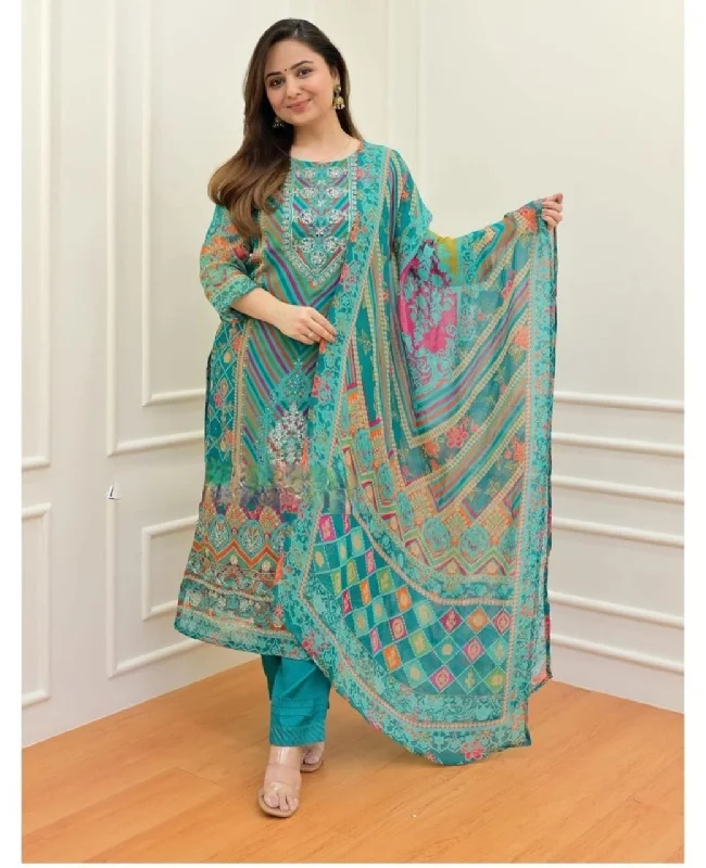 New Autumn And Winter Styles Blue Muslin Kurti with Pant and Dupatta Set