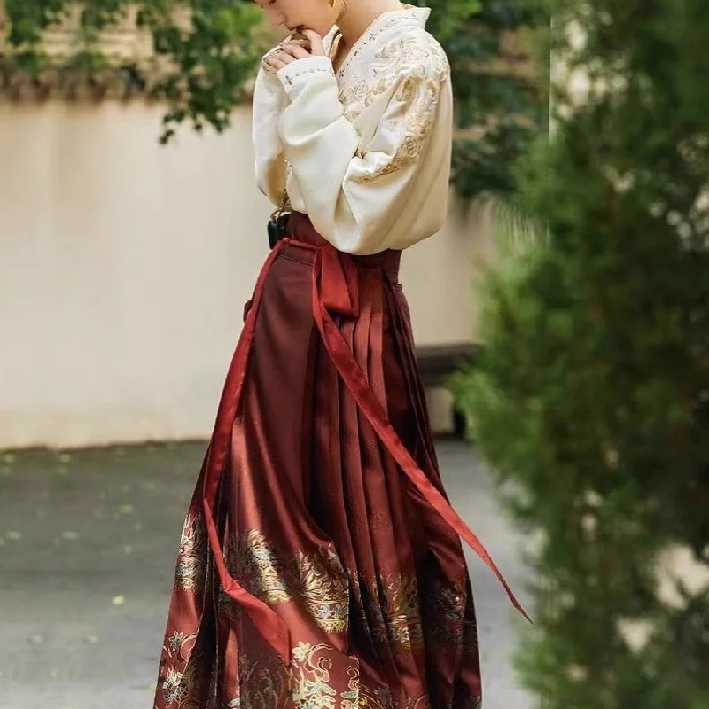 Girl Style Traditional Chinese V Neck Hanfu Shirt and Horse-Face Skirt 2-Piece Set
