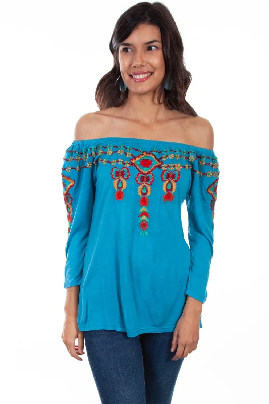 Urban Sense Scully Womens Teal Viscose Peasant S/S Blouse