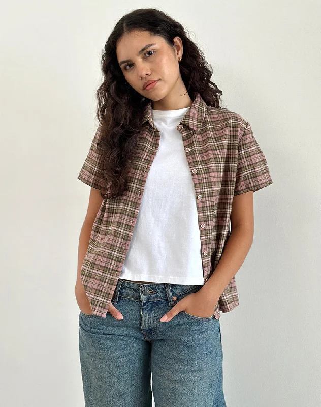 Noble And Elegant Gosanri Short Sleeve Shirt in Pink and Green Check