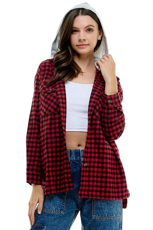 Minimalism Over Sized Women's hooded Plaid Pattern Shirts