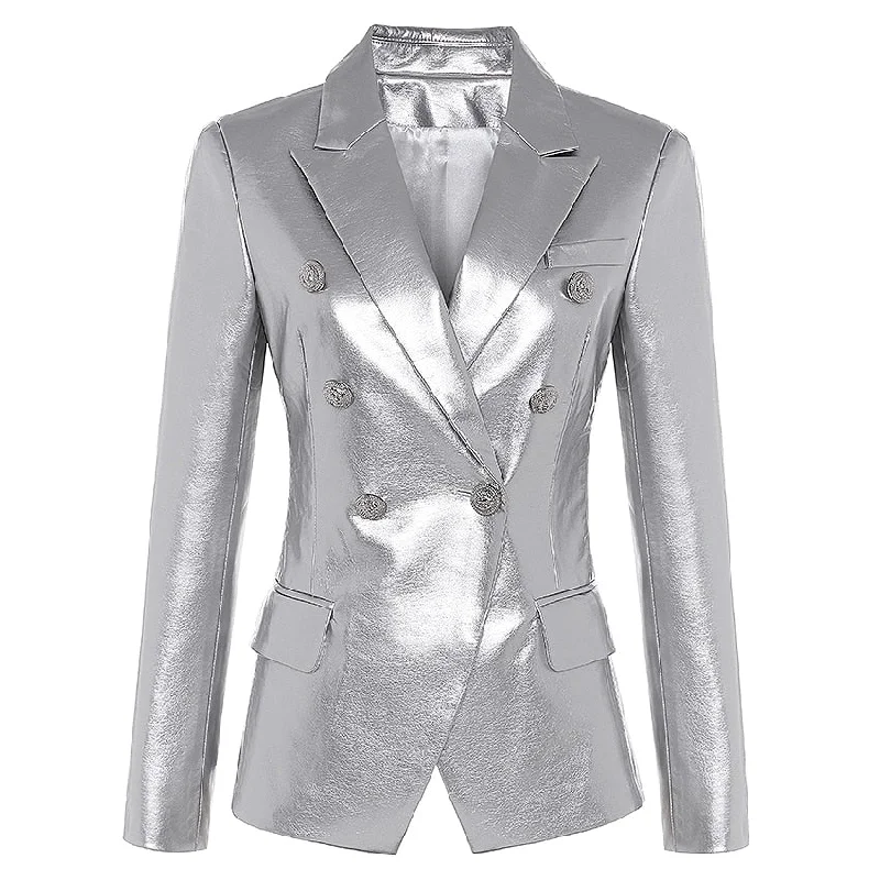 British Style Newest Fall Winter 2019 Designer Blazer Jacket Women's Lion Metal Buttons Double Breasted Synthetic Leather Blazer Overcoat British Style Newest Fall Winter 2019 Designer Blazer Jacket Women's Lion Metal Buttons Double Breasted Synthetic Leather Blazer Overcoat