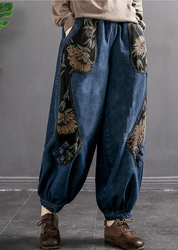 Comfortable And Casual Art Denim Blue Elastic Waist Print Pockets Cotton Harem Pants Trousers Fall Comfortable And Casual Art Denim Blue Elastic Waist Print Pockets Cotton Harem Pants Trousers Fall