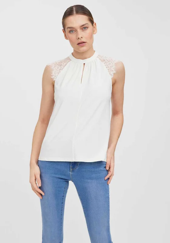 Age-reducing Style Vero Moda Milla High Neck Lace Sleeve Top, White