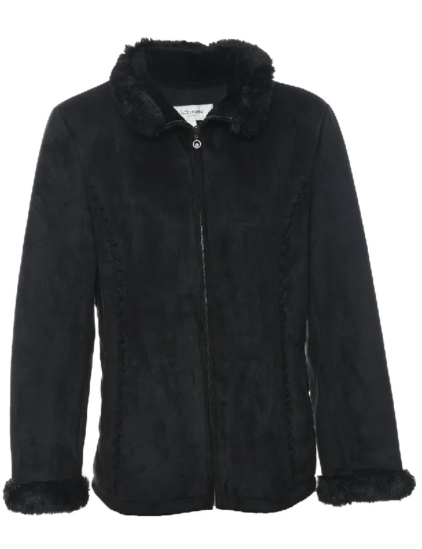 French Style Liz Claiborne Black Zip-Front Faux Shearling Lined Jacket - L