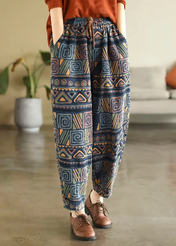Fashionable Items Bohemian Blue Elastic Waist Pockets Print Cotton Denim Harem Pants Fall Fashionable Items Bohemian Blue Elastic Waist Pockets Print Cotton Denim Harem Pants Fall