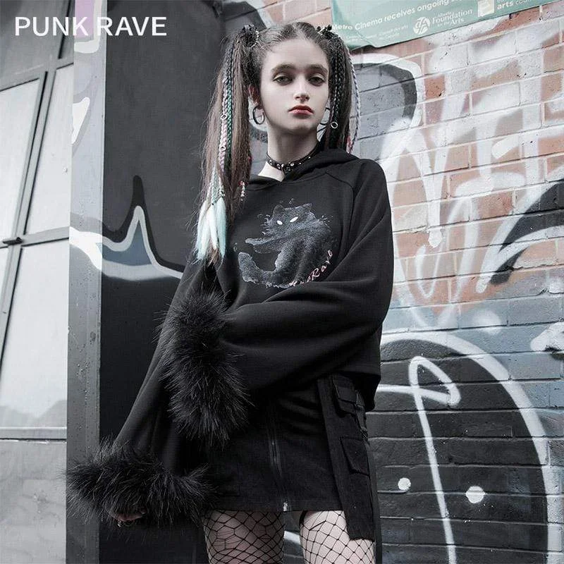 Luxury Temperament Women's Lolita Cat Printed Faux Fux Sleeved Sweaters With Cat Ears Hood