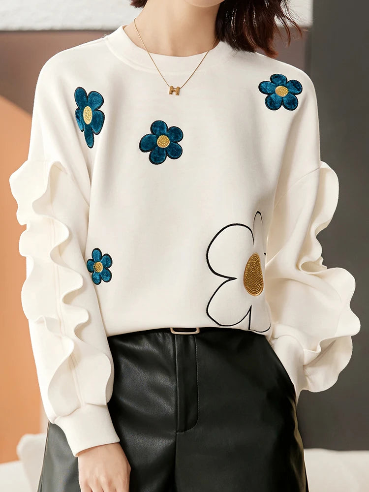 Slim Fit Chic Beige Floral Long Sleeve Ruffles Sweatshirt