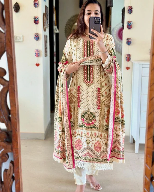 British Fashion White Pure Muslin with Sequence Work Ivory Pakistani Designer Suit