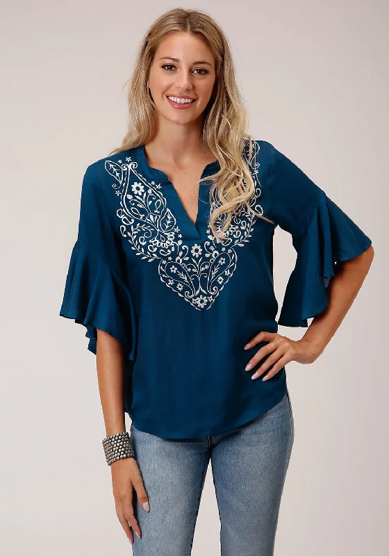 Feminine Charm Roper Womens Blue Rayon/Nylon Paisley Floral S/S Blouse