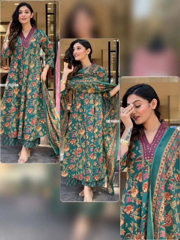 Light And Breathable Dark Green Pure Handloom Cotton Anarkali Kurti with Dupatta and Bottom