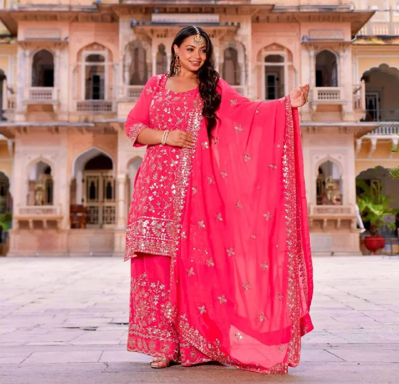 Elegant Temperament Hot Pink Pure Fox Georgette Plazzo Ready Made Suit