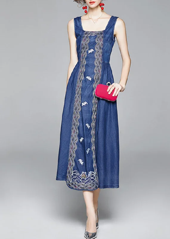 Elegant Temperament Organic Blue Cinched Embroideried zippered Spaghetti Strap Cotton Denim Dress Spring Elegant Temperament Organic Blue Cinched Embroideried zippered Spaghetti Strap Cotton Denim Dress Spring