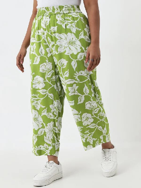 Street Cool Diza Green Floral Printed Mid-Rise Cotton Ethnic Pants