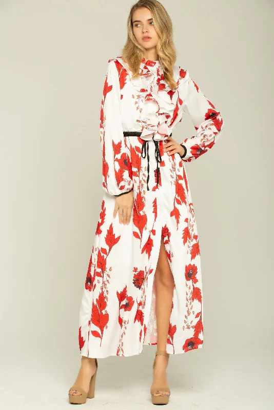 Sports And Leisure Cherry Red and Cream Ruffle Front Collar Kimono Dress