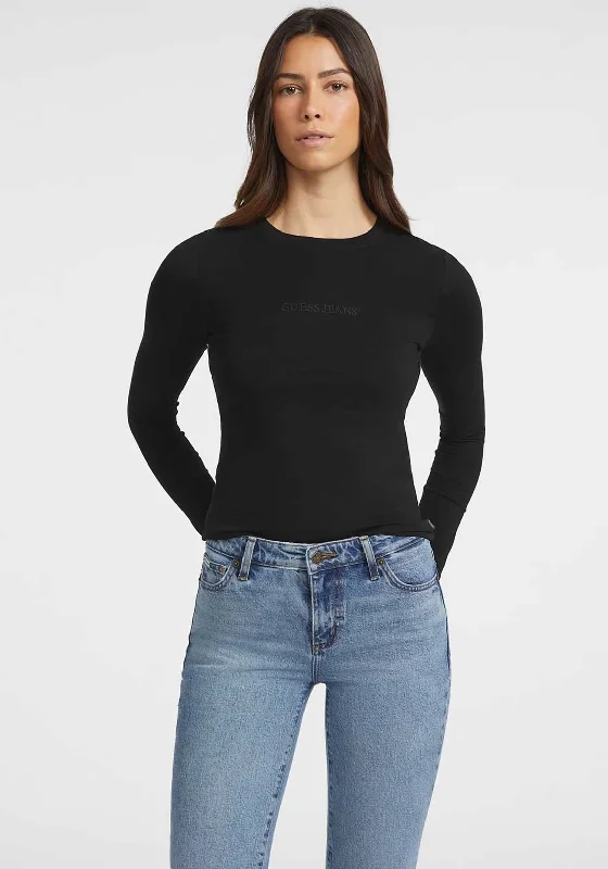 High-end Design Guess Jeans Womens Slim Embroidered Long Sleeve Top, Black