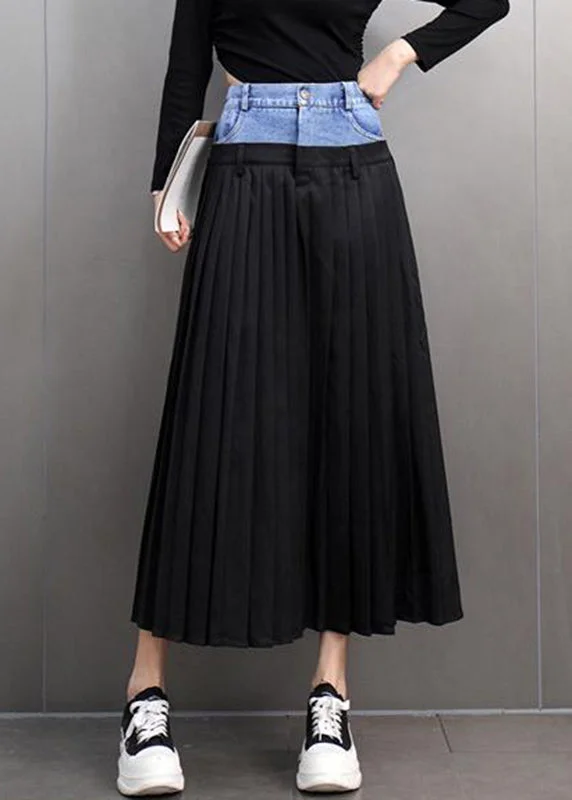 Luxury Temperament Loose Black Pockets Denim Patchwork High Waist Maxi Skirts Spring
