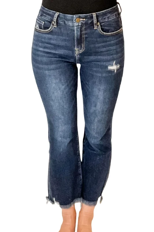 Soft And Comfortable High Rise Crop Flare Jeans In Dark Wash
