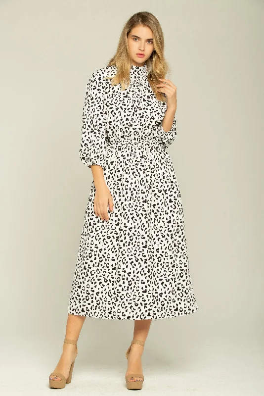 Trendy And Casual White and Black Cheetah Print Full Sleeves Dress