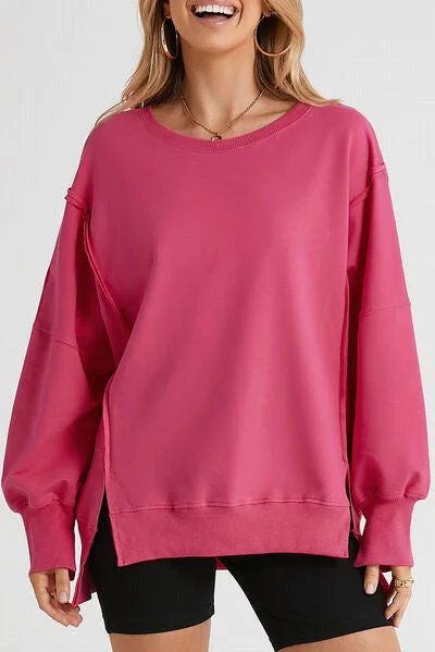 Body Design Slit Exposed Seam Round Neck Sweatshirt