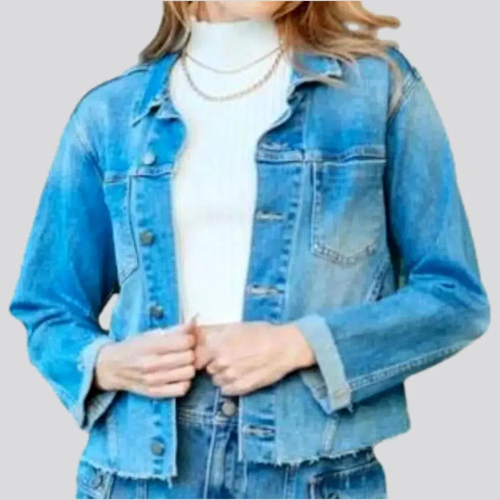 High-end Design Sanded sky-blue women's jean jacket