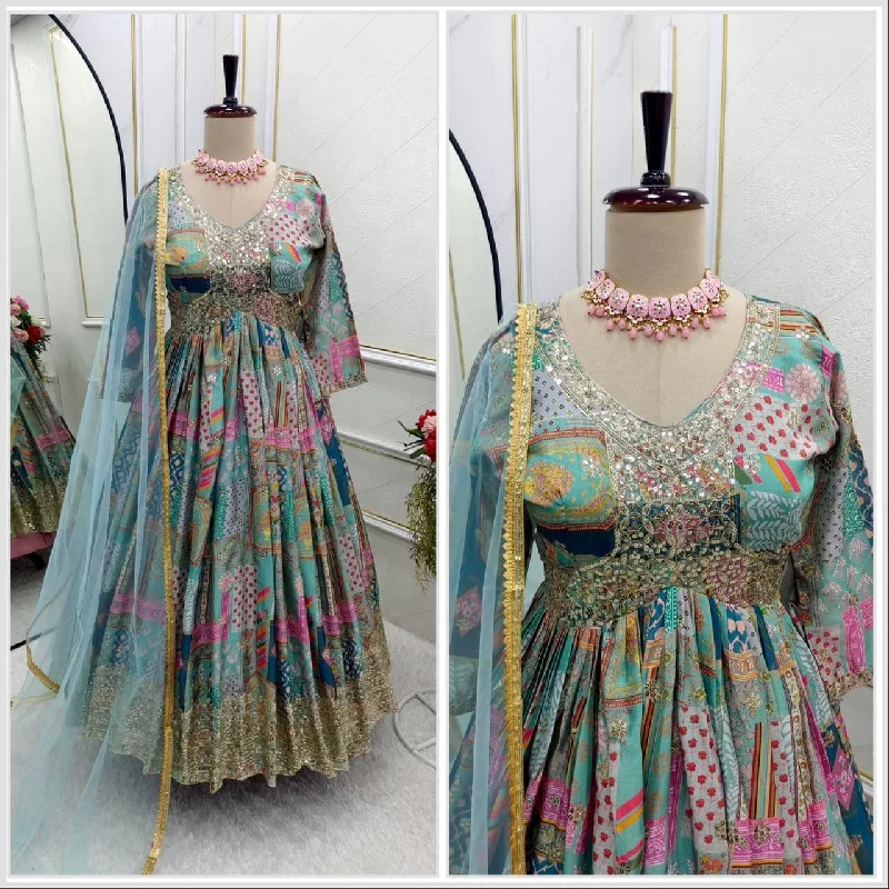 Sweet Style Blue Chinnon Silk Aliya Cut Designer Anarkali Suit