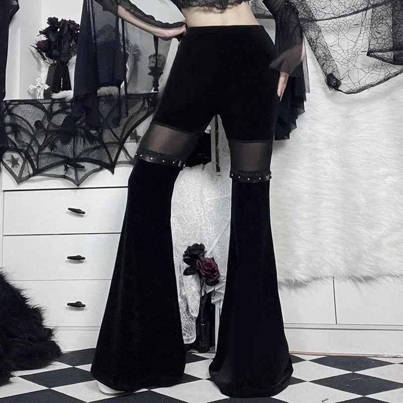 Diamond Series Women's Gothic Mesh Splice Velvet Flared Pants