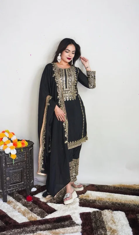 Celebrity Must-have SRK 5151 Black Pure Chinnon Silk Sequence work Straight Cut Readymade Suit Celebrity Must-have SRK 5151 Black Pure Chinnon Silk Sequence work Straight Cut Readymade Suit