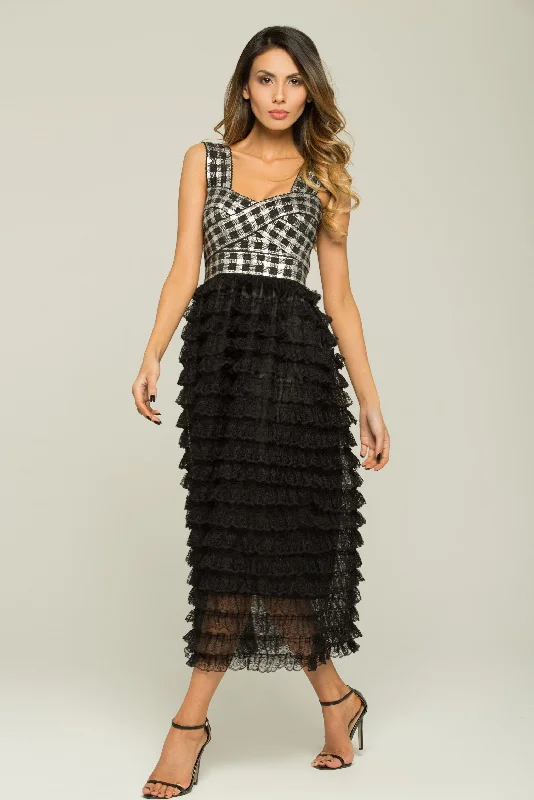 Classic Black and White Check Tiered Ruffle Lace Dress