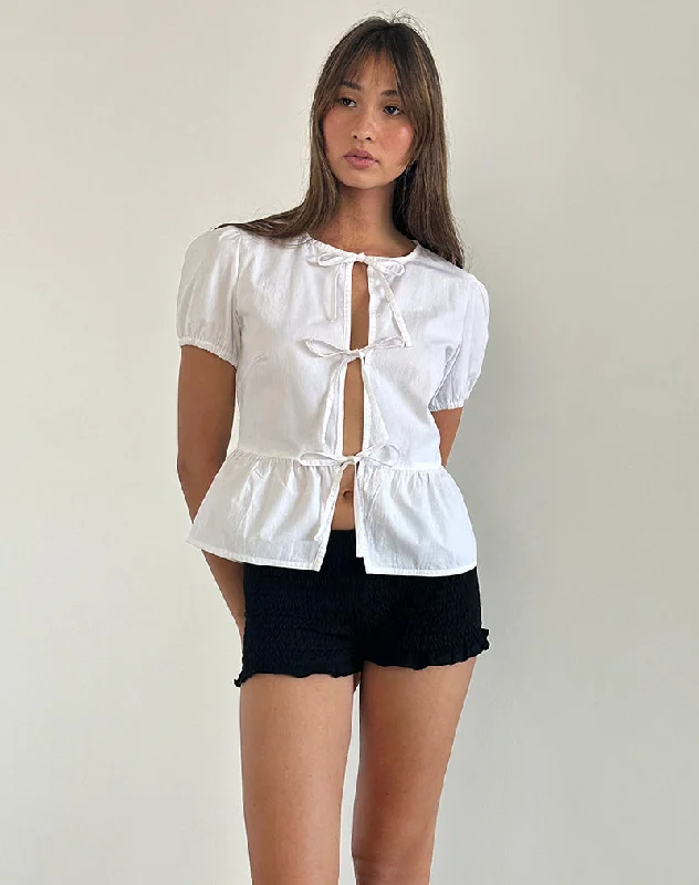 Carefree Ryota Tie Front Blouse in White with White Binding