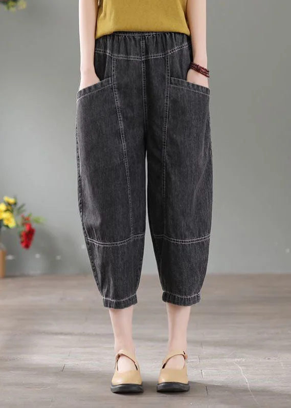 Elegant And Casual Denim Grey Patchwork Cotton Crop Pants High Waist Pockets Summer