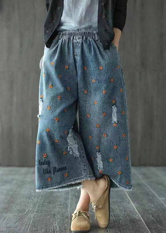 French Retro Plus Size Denim Blue Elastic Waist Daisy Embroideried Hole Cotton Straight Pants Summer French Retro Plus Size Denim Blue Elastic Waist Daisy Embroideried Hole Cotton Straight Pants Summer
