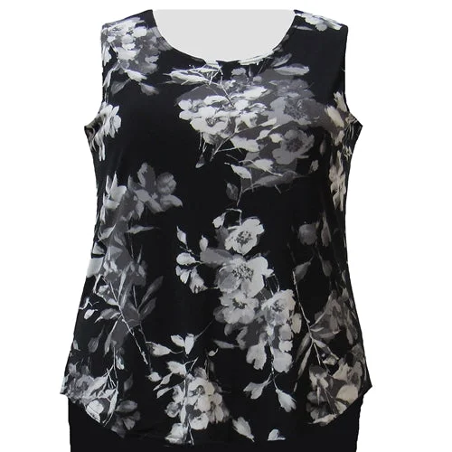 Stretch Design Black Floral Layering Tank Top Women's Plus Size Tank Top